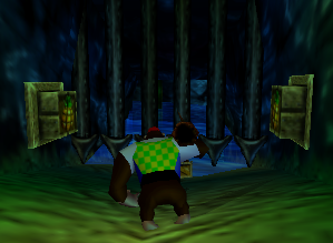 A setup for a Golden Banana for Chunky Kong in Gloomy Galleon.