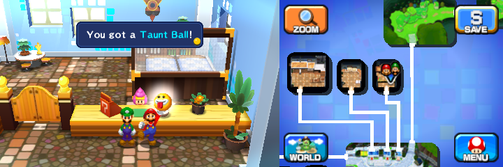 Mario getting a Taunt Ball from the innkeeper in Wakeport of Mario & Luigi: Dream Team.