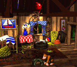 Donkey Kong inside of DK's Tree House in Donkey Kong Country