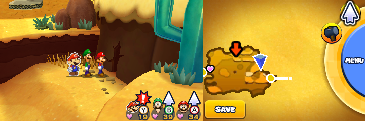 Group near a crack in the wall containing 3 Mushrooms, 2 Nuts and the Shell Gloves in Doop Doop Dunes of Mario & Luigi: Paper Jam.