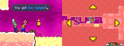 Mario and Luigi taking Good and Mushroom Badges out of the chest in Flab Zone of Mario & Luigi: Bowser's Inside Story.