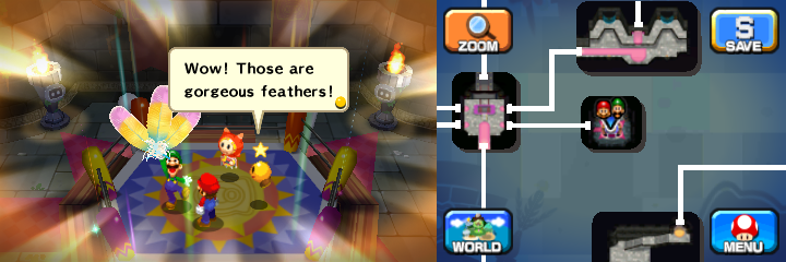 Luigi showing the Zeekeeper's Feathers to the group after winning them with Mario from Battle Ring in Pi'illo Castle of Mario & Luigi: Dream Team.