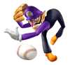 A Sticker of Waluigi (from Mario Superstar Baseball) in Super Smash Bros. Brawl.