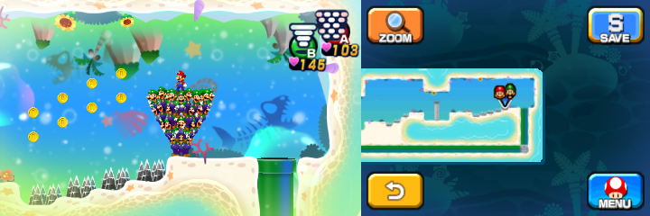 Mario and Luiginoids (in the shape of a cone) near 8 Coins in Dreamy Driftwood Shore housing Seabelle the Seadring of Mario & Luigi: Dream Team.