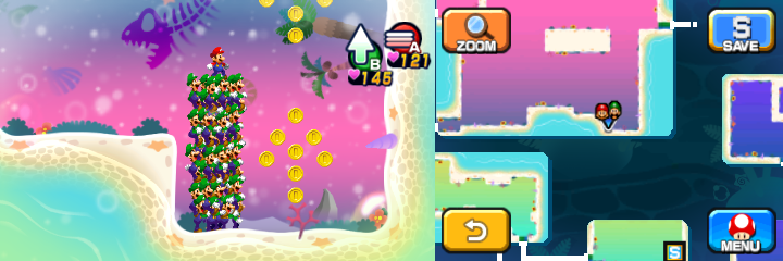 Mario and Luiginoids (in the shape of a stack) near 16 Coins (with 10 visible) in Dreamy Driftwood Shore housing Seadric the Seadring of Mario & Luigi: Dream Team.