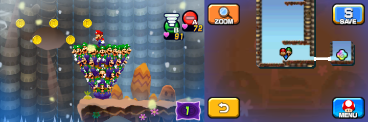 Mario and Luiginoids (in the shape of a cone) near 5 Coins in Dreamy Mount Pajamaja accessed by the third Pink Pi'illo of Mario & Luigi: Dream Team.