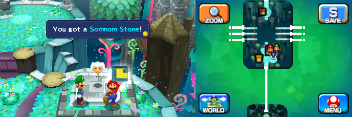 Mario getting the Somnom Stone from a Pi'illo Master in Somnom Woods of Mario & Luigi: Dream Team.