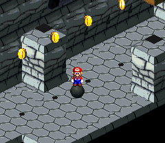 Mario finding first 4 10-Coins in the iron ball action course of Bowser's Keep of Super Mario RPG: Legend of the Seven Stars.