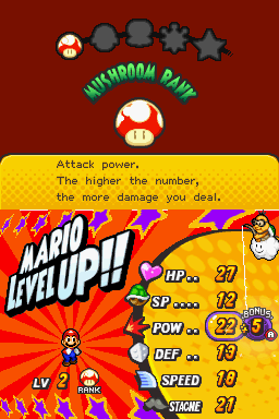 The level up screen as seen in Mario & Luigi: Bowser's Inside Story.