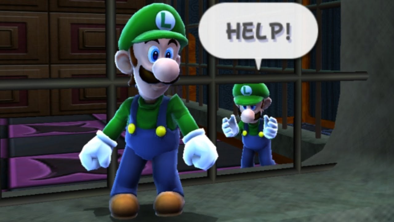 A screenshot of the "Luigi and the Haunted Mansion" mission in Ghostly Galaxy from Super Mario Galaxy. This scene features two Luigis.