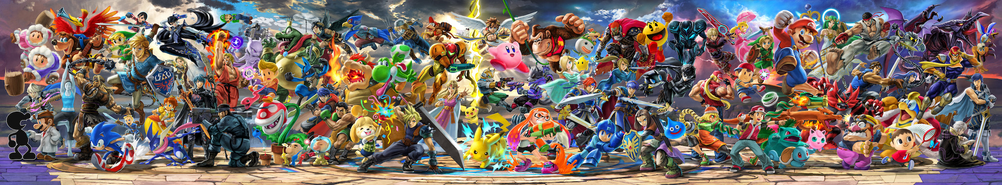 The Super Smash Bros. Ultimate panoramic artwork, with Min Min added after her reveal trailer.