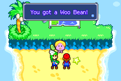 Mario and Luigi getting a Woo Bean from pink Oho Jee in Oho Ocean of Mario & Luigi: Superstar Saga.