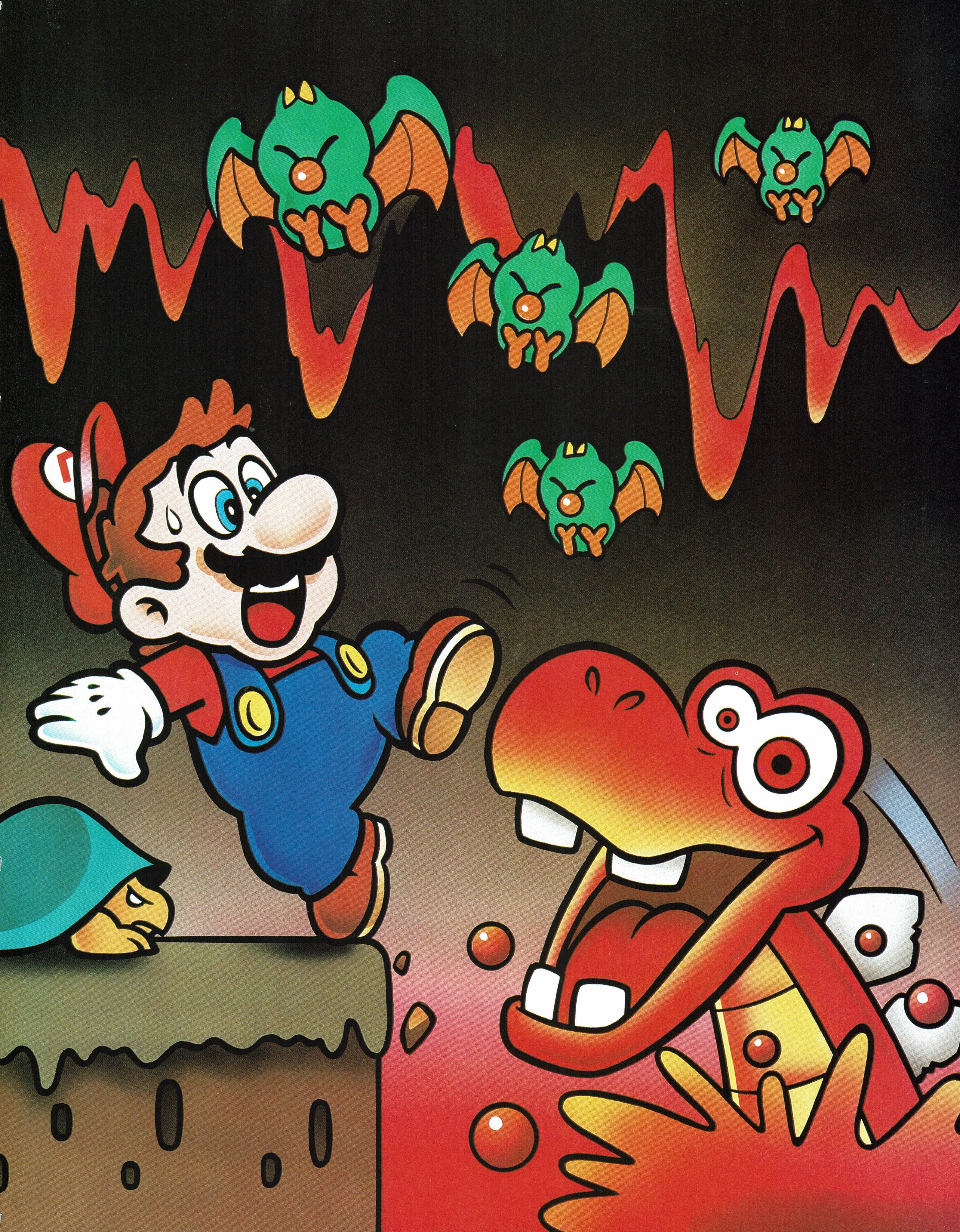 Artwork of Mario encountering a Blargg in a lava cavern in Super Mario World; some Swoopers are flying at Mario.