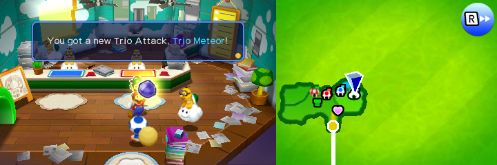 Mario getting the Trio Meteor Trio Attack from the Delivery Toad in Sunbeam Plains of Mario & Luigi: Paper Jam.
