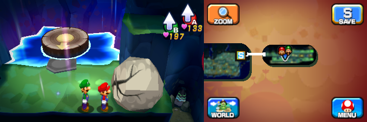 Mario and Luigi near a boulder containing a Coin in Dozing Sands of Mario & Luigi: Dream Team.