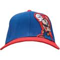 A blue and red hat with a picture of Mario on the side