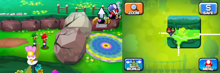 Mario and Luigi near two boulders containing a Coin each in Mushrise Park of Mario & Luigi: Dream Team.