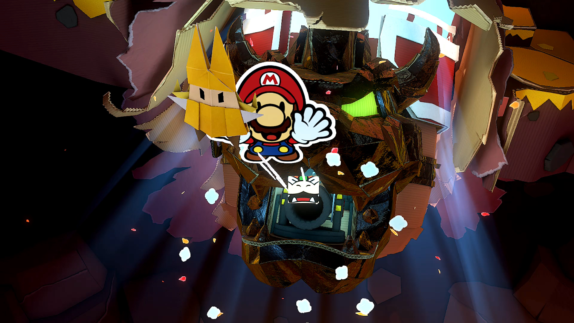 Mario, Olivia, and Bowser escaping Hotfoot Crater