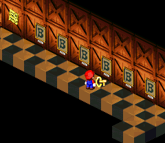 Mario finding the Elder Key in the portrait hallway of the Booster Tower of Super Mario RPG: Legend of the Seven Stars.