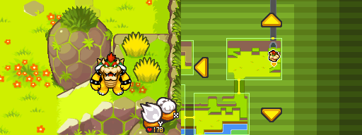 Bowser near 2 clumps of grass, in which 1 of them contains a 10-Coin in Bumpsy Plains of Mario & Luigi: Bowser's Inside Story.