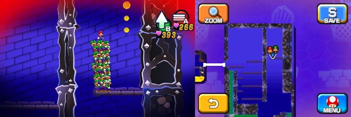 Mario and Luiginoids (in the shape of a stack) near 2 Coins, 2 50-Coins and a 100-Coin (with 2 Coins and a 50-Coin visible) in Dreamy Neo Bowser Castle accessed by the first Dark Stone platform Dreampoint of Mario & Luigi: Dream Team.