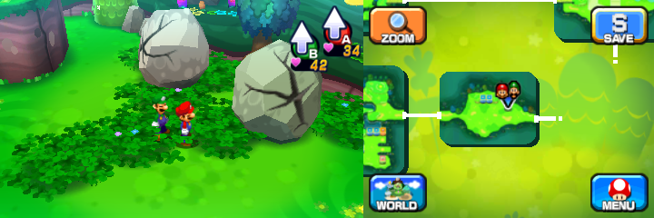 Mario and Luigi near two boulders containing a Coin each in Mushrise Park of Mario & Luigi: Dream Team.