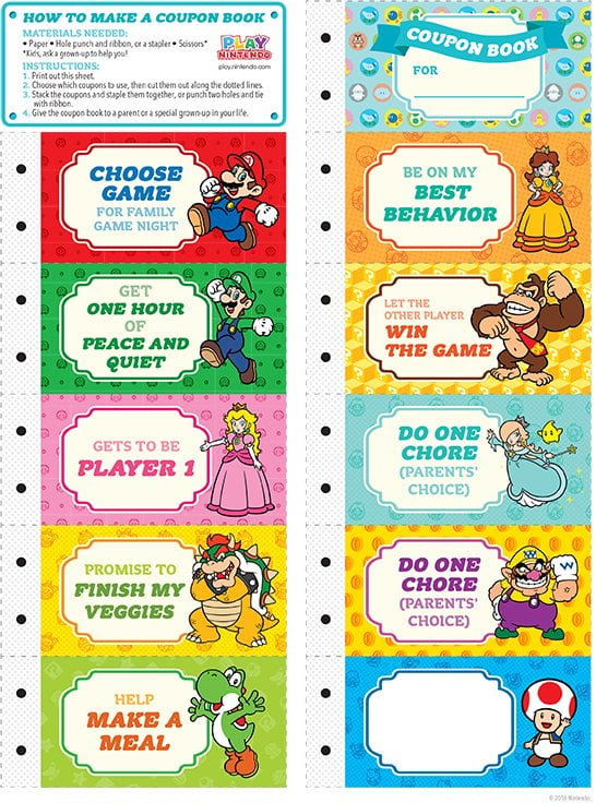 Printable sheet for a Mario-themed coupon book