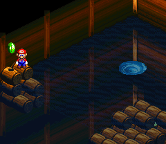 Mario finding a Frog Coin in the last partially flooded room of Sunken Ship of Super Mario RPG: Legend of the Seven Stars.