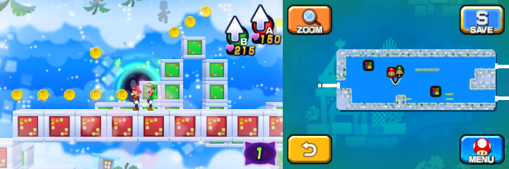 Mario and Luigi near 9 Coins in Dreamy Wakeport accessed by the Bedsmith Pi'illo/Pi'iloper's Dreampoint of Mario & Luigi: Dream Team.