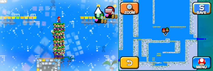 Mario and Luiginoids (in the shape of a stack) near 16 Coins (with 2 visible) in Dreamy Wakeport accessed by Big Massif's Dreampoint of Mario & Luigi: Dream Team.