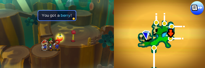 Mario holding a Berry in Gloomy Woods of Mario & Luigi: Paper Jam.
