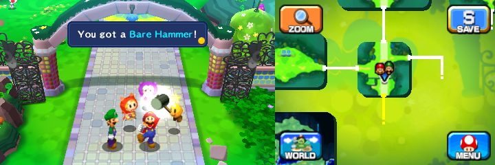 Mario getting a Bare Hammer from Eldream in Mushrise Park of Mario & Luigi: Dream Team.