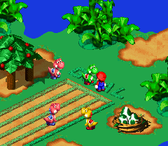 Yoshi giving Mario 3 Yoshi Cookies on Yo'ster Isle of Super Mario RPG: Legend of the Seven Stars.