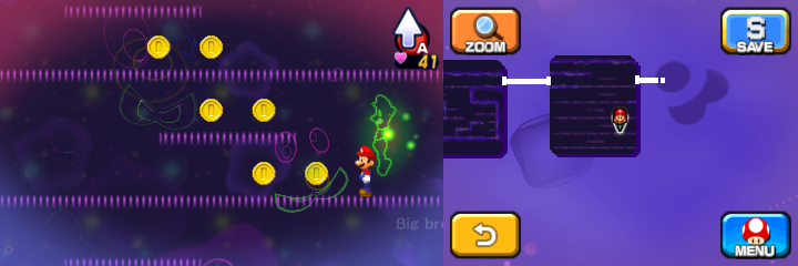 Mario near 15 Coins (with 6 visible) in Dream's Deep accessed by Dreamy Mushrise Park accessed by the Eldream Pi'illo of Mario & Luigi: Dream Team.