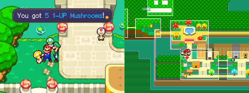 Mario and Luigi getting 5 1-UP Mushrooms from PR Toad in Toad Town of Mario & Luigi: Bowser's Inside Story.