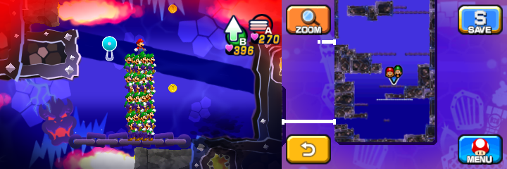 Mario and Luiginoids (in the shape of a stack) near 4 Coins (with 2 visible) in Dreamy Neo Bowser Castle accessed by a Dreampoint housing Bowser's dreams of Mario & Luigi: Dream Team.