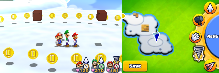 Group near 29 10-Coins in Sunbeam Plains of Mario & Luigi: Paper Jam.