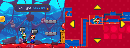 Mario and Luigi picking up 2 Hammers in Trash Pit of Mario & Luigi: Bowser's Inside Story.