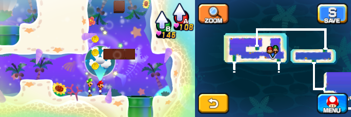 Mario and Luigi near 3 Coins in Dreamy Driftwood Shore housing Seadric the Seadring of Mario & Luigi: Dream Team.