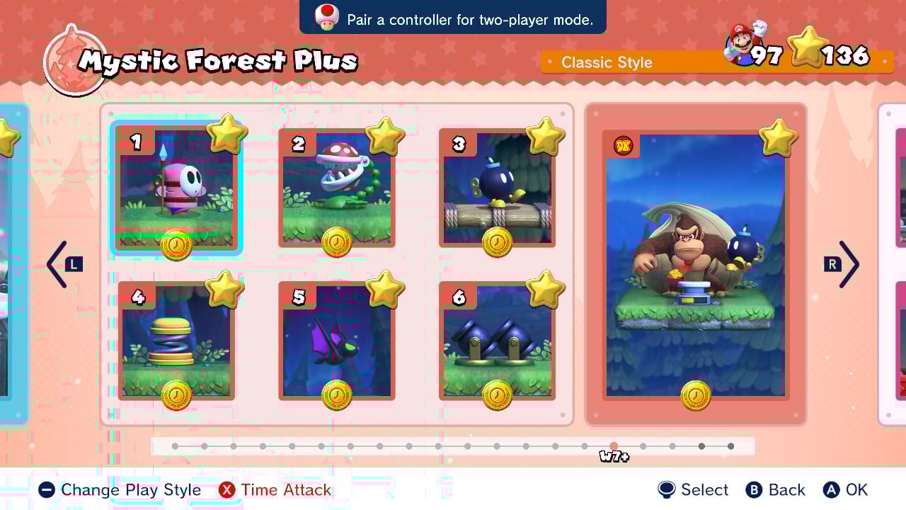Screenshot of Mystic Forest Plus's level select screen from the Nintendo Switch version of Mario vs. Donkey Kong