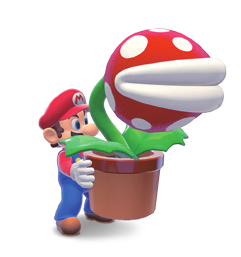 File:SM3DW Mario Holding Plant Artwork.png