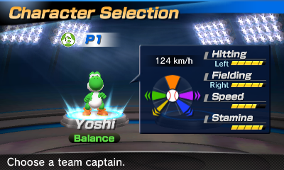 Yoshi's stats in the baseball portion of Mario Sports Superstars