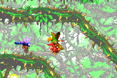 Squawks and the Kongs flying toward a Flitter in Bramble Scramble from the Game Boy Advance port of Donkey Kong Country 2: Diddy's Kong Quest