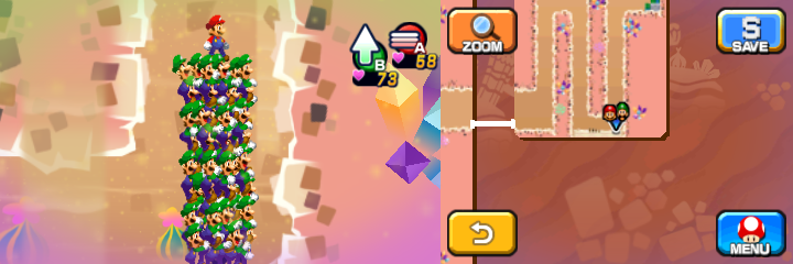 Mario and Luiginoids (in the shape of a stack) in the place where by Spring Jumping, they can reach the part of the scene containing 2 Coins and a 100-Coin in Dreamy Dozing Sands accessed by Dreampoint housing the Dream Stone's spirit of Mario & Luigi: Dream Team.