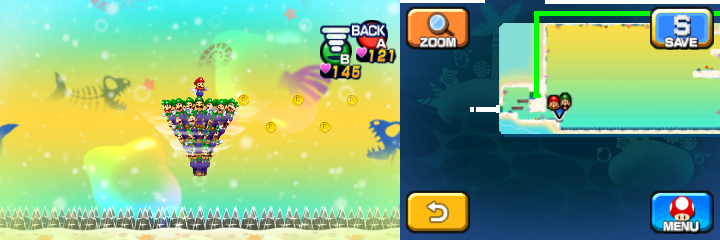 Mario and Luiginoids (in the shape of a cone) near 5 Coins in Dreamy Driftwood Shore housing Seadric the Seadring of Mario & Luigi: Dream Team.