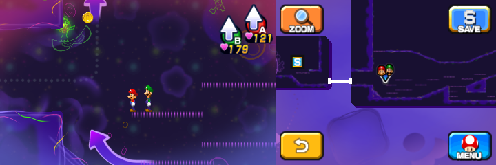 Mario near 14 Coins and a 50-Coin (with only 1 Coin visible) in Dream's Deep accessed by Dreamy Pi'illo Castle accessed by the Dreampoint of Mario & Luigi: Dream Team.