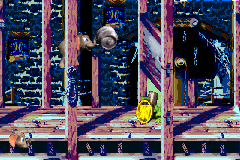 Ellie the Elephant about to throw a Steel Barrel behind Koin in Murky Mill in the Game Boy Advance remake of Donkey Kong Country 3