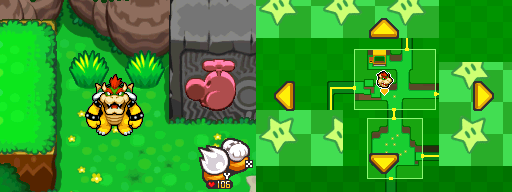 Bowser near 2 clumps of grass which contain a Coin and a 10-Coin in Dimble Wood of Mario & Luigi: Bowser's Inside Story.