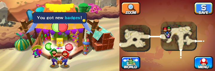Mario and Luigi getting the Bronze and Guard Badges from the badge shop shopkeeper in Dozing Sands of Mario & Luigi: Dream Team.