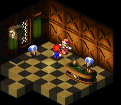 Mario winning rewards from Grate Guy's Look the other way minigame in Grate Guy's Casino of Super Mario RPG: Legend of the Seven Stars.
